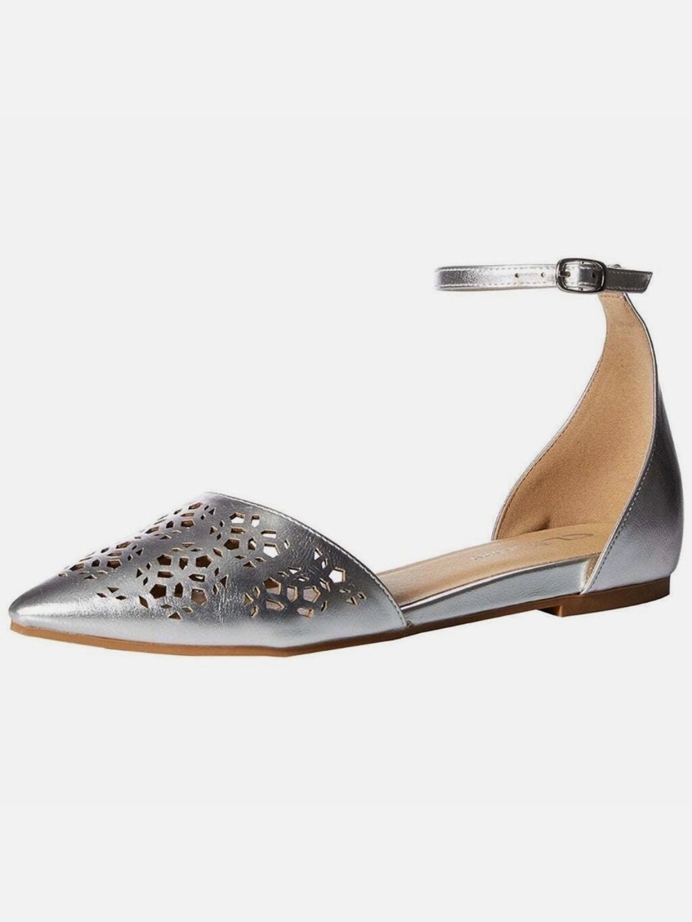 CL by Chinese Laundry Hello Metallic Silver Cutout Pointed Toe Ankle-Strap Flats
